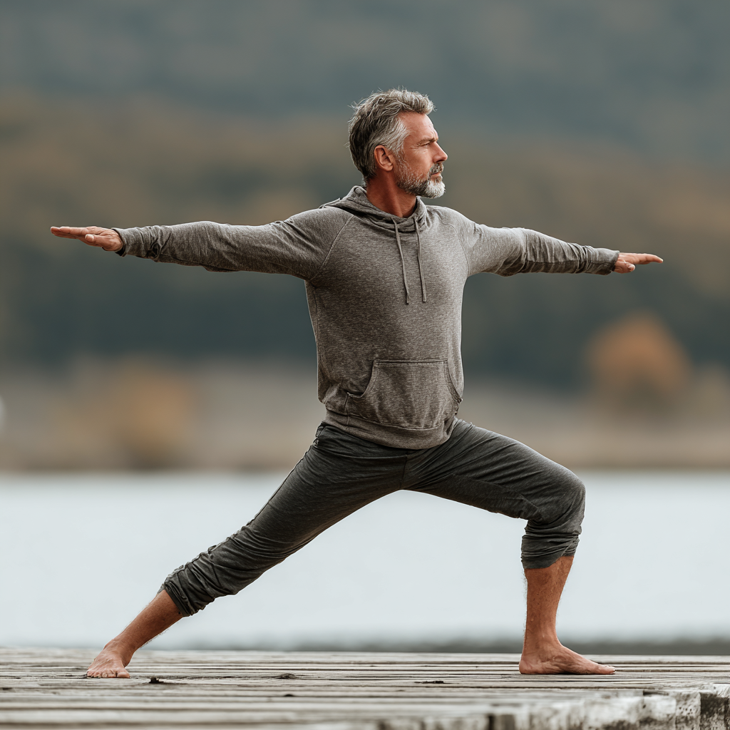 Peaceful mature man in his early 50s practicing yoga warrior pose outdoors in a serene natural setting, demonstrating strength and balance, wearing comfortable yoga clothing, showing focused concentration and inner peace